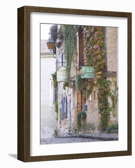 Cobblestone Street with Half Timber Stone Houses, Place De La Myrpe, Bergerac, Dordogne, France-Per Karlsson-Framed Photographic Print