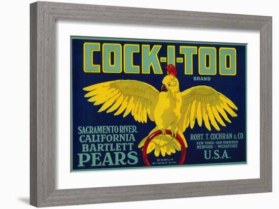 Cock-I-Too Pear Crate Label - Sacramento Valley, CA-Lantern Press-Framed Art Print