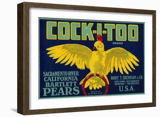 Cock-I-Too Pear Crate Label - Sacramento Valley, CA-Lantern Press-Framed Art Print