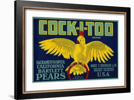 Cock-I-Too Pear Crate Label - Sacramento Valley, CA-Lantern Press-Framed Art Print