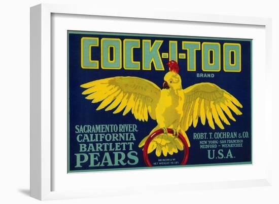 Cock-I-Too Pear Crate Label - Sacramento Valley, CA-Lantern Press-Framed Art Print