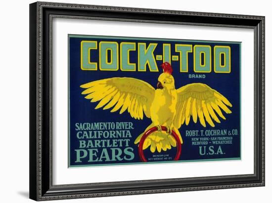 Cock-I-Too Pear Crate Label - Sacramento Valley, CA-Lantern Press-Framed Art Print