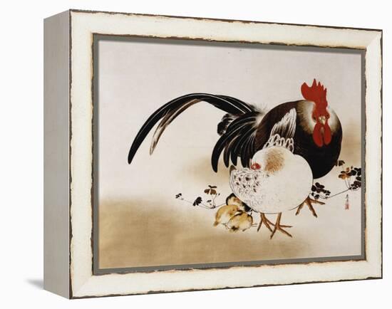 Cockerel, Hen and Chicks, 1892 (Hanging Scroll, Colored Lacquer on Prepared Paper)-Shibata Zeshin-Framed Premier Image Canvas