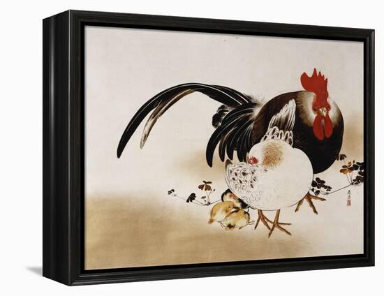 Cockerel, Hen and Chicks, 1892 (Hanging Scroll, Colored Lacquer on Prepared Paper)-Shibata Zeshin-Framed Premier Image Canvas