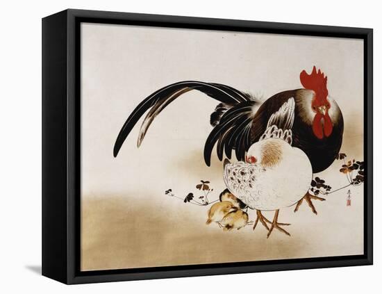 Cockerel, Hen and Chicks, 1892 (Hanging Scroll, Colored Lacquer on Prepared Paper)-Shibata Zeshin-Framed Premier Image Canvas