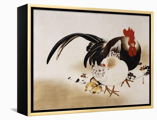 Cockerel, Hen and Chicks, 1892 (Hanging Scroll, Colored Lacquer on Prepared Paper)-Shibata Zeshin-Framed Premier Image Canvas