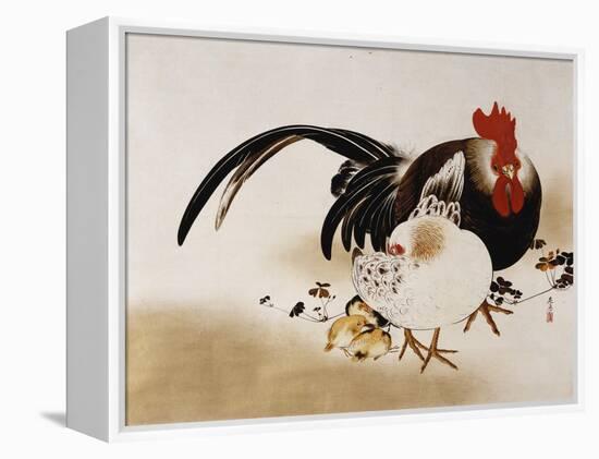 Cockerel, Hen and Chicks, 1892 (Hanging Scroll, Colored Lacquer on Prepared Paper)-Shibata Zeshin-Framed Premier Image Canvas