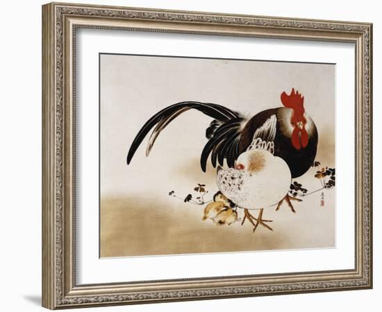 Cockerel, Hen and Chicks, 1892 (Hanging Scroll, Colored Lacquer on Prepared Paper)-Shibata Zeshin-Framed Giclee Print