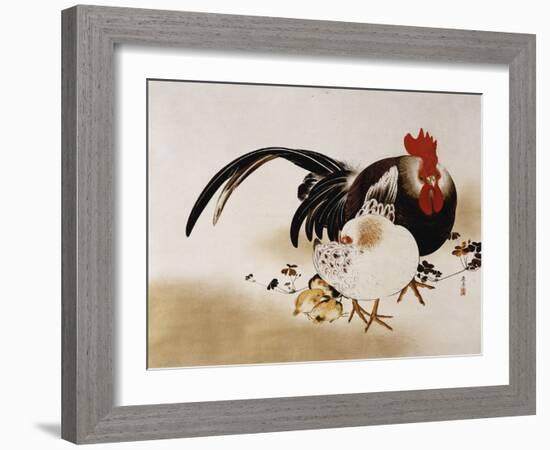 Cockerel, Hen and Chicks, 1892 (Hanging Scroll, Colored Lacquer on Prepared Paper)-Shibata Zeshin-Framed Giclee Print