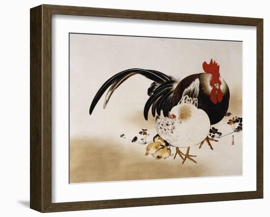 Cockerel, Hen and Chicks, 1892 (Hanging Scroll, Colored Lacquer on Prepared Paper)-Shibata Zeshin-Framed Giclee Print