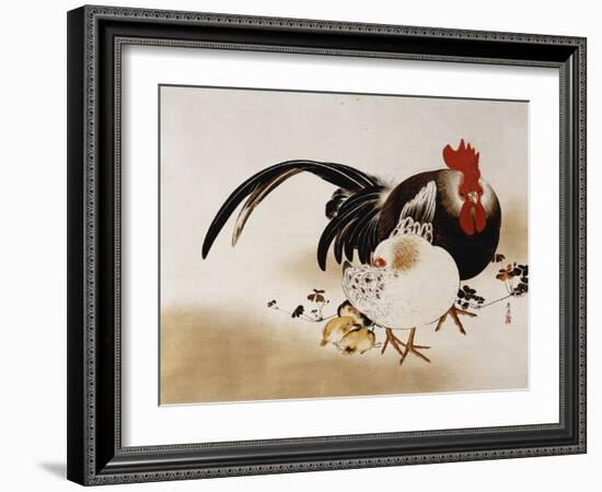 Cockerel, Hen and Chicks, 1892 (Hanging Scroll, Colored Lacquer on Prepared Paper)-Shibata Zeshin-Framed Giclee Print