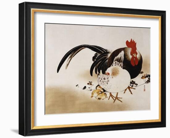 Cockerel, Hen and Chicks, 1892 (Hanging Scroll, Colored Lacquer on Prepared Paper)-Shibata Zeshin-Framed Giclee Print