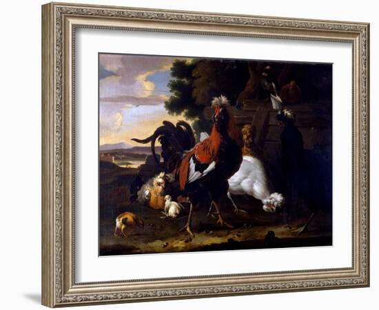 Cockerel, Hens and Chicks by a Fence in a Wooded Landscape-Melchior de Hondecoeter-Framed Giclee Print