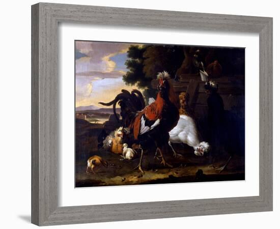 Cockerel, Hens and Chicks by a Fence in a Wooded Landscape-Melchior de Hondecoeter-Framed Giclee Print