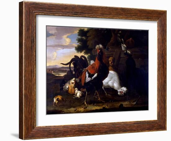 Cockerel, Hens and Chicks by a Fence in a Wooded Landscape-Melchior de Hondecoeter-Framed Giclee Print