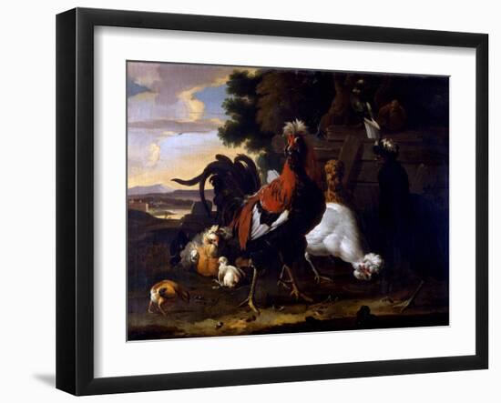 Cockerel, Hens and Chicks by a Fence in a Wooded Landscape-Melchior de Hondecoeter-Framed Giclee Print