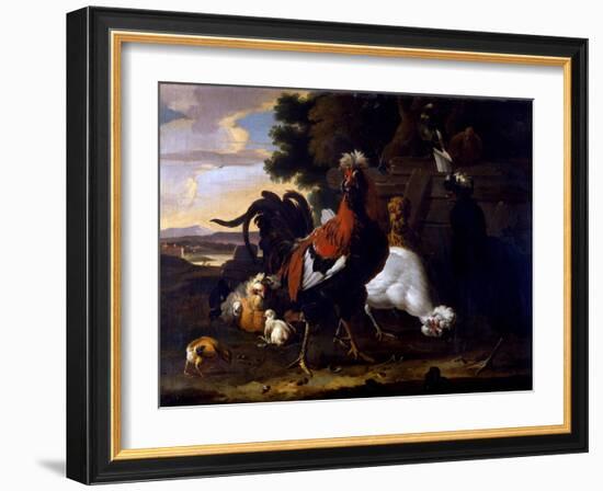 Cockerel, Hens and Chicks by a Fence in a Wooded Landscape-Melchior de Hondecoeter-Framed Giclee Print