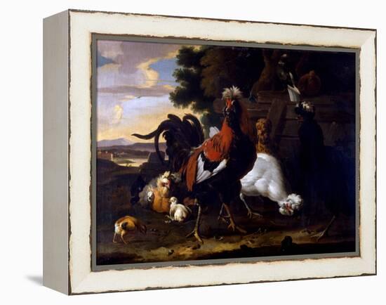 Cockerel, Hens and Chicks by a Fence in a Wooded Landscape-Melchior de Hondecoeter-Framed Premier Image Canvas