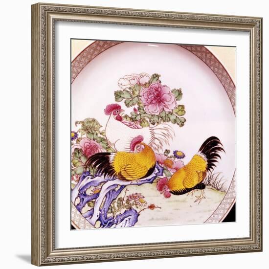 Cockerels, Famille Rose Enamel Porcelain Plate, Ch'Ieh Lung, 1736-1795-Unknown-Framed Giclee Print