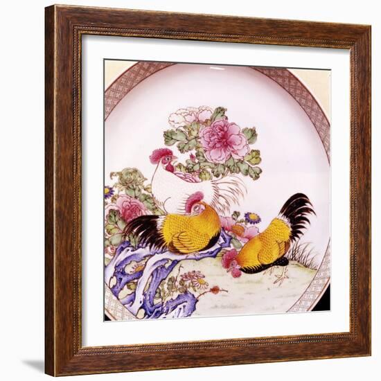 Cockerels, Famille Rose Enamel Porcelain Plate, Ch'Ieh Lung, 1736-1795-Unknown-Framed Giclee Print