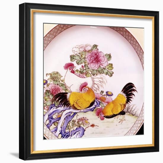 Cockerels, Famille Rose Enamel Porcelain Plate, Ch'Ieh Lung, 1736-1795-Unknown-Framed Giclee Print