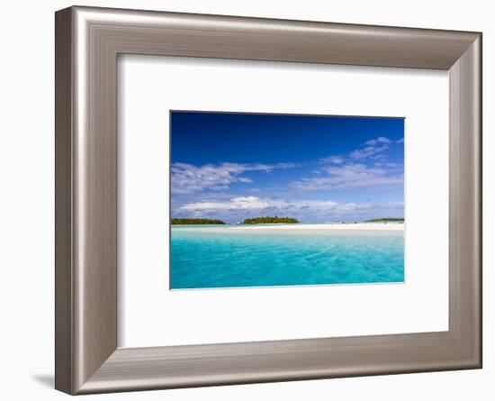 Coconut palm trees line the beach on One Foot Island, Aitutaki, Cook Islands, South Pacific Islands-Michael Nolan-Framed Photographic Print