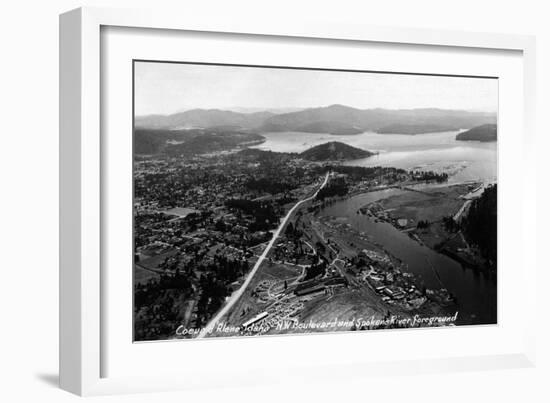 Coeur d'Alene, Idaho - Aerial View of Town, Spokane River-Lantern Press-Framed Art Print