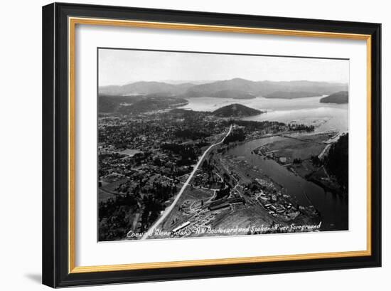 Coeur d'Alene, Idaho - Aerial View of Town, Spokane River-Lantern Press-Framed Art Print