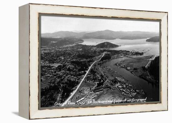 Coeur d'Alene, Idaho - Aerial View of Town, Spokane River-Lantern Press-Framed Stretched Canvas