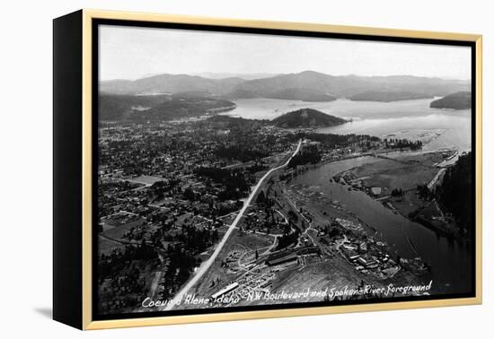 Coeur d'Alene, Idaho - Aerial View of Town, Spokane River-Lantern Press-Framed Stretched Canvas