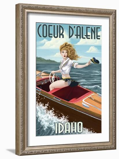 Coeur D'Alene, Idaho - Boating Pinup Girl-Lantern Press-Framed Art Print