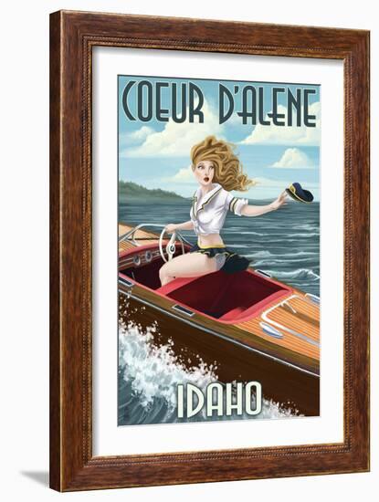 Coeur D'Alene, Idaho - Boating Pinup Girl-Lantern Press-Framed Art Print