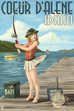 Coeur D'Alene, Idaho - Fishing Pinup Girl' Art Print - Lantern Press
