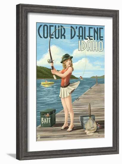 Coeur D'Alene, Idaho - Fishing Pinup Girl-Lantern Press-Framed Art Print