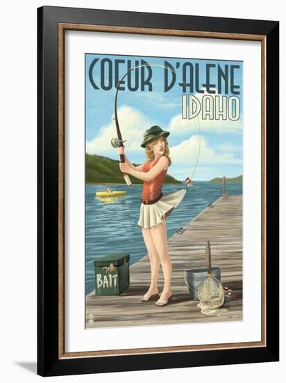 Coeur D'Alene, Idaho - Fishing Pinup Girl-Lantern Press-Framed Art Print