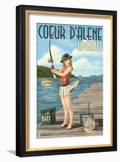 Coeur D'Alene, Idaho - Fishing Pinup Girl-Lantern Press-Framed Art Print