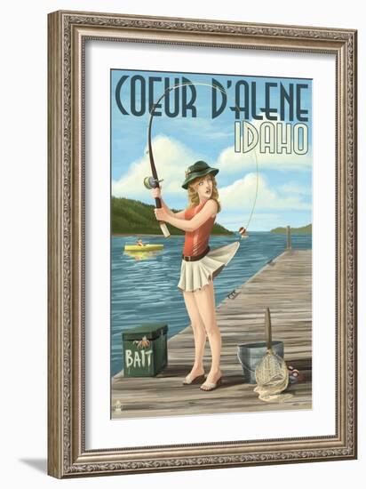 Coeur D'Alene, Idaho - Fishing Pinup Girl-Lantern Press-Framed Art Print