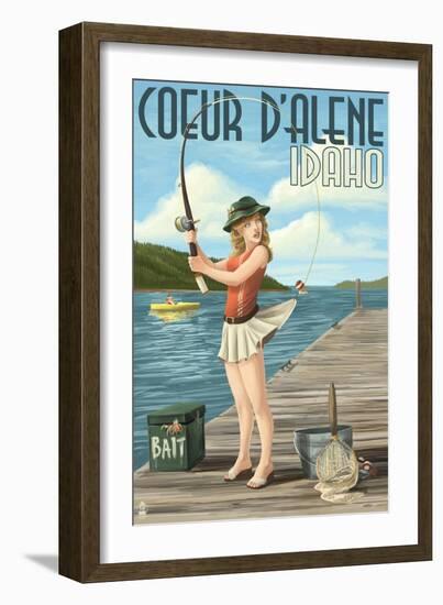 Coeur D'Alene, Idaho - Fishing Pinup Girl-Lantern Press-Framed Art Print