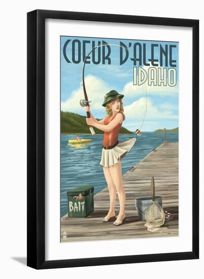 Coeur D'Alene, Idaho - Fishing Pinup Girl-Lantern Press-Framed Art Print