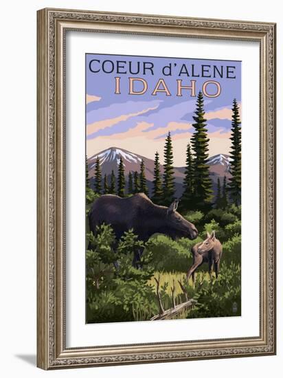 Coeur D'Alene, Idaho - Moose and Baby Calf-Lantern Press-Framed Art Print
