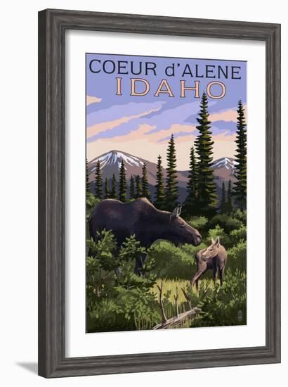 Coeur D'Alene, Idaho - Moose and Baby Calf-Lantern Press-Framed Art Print