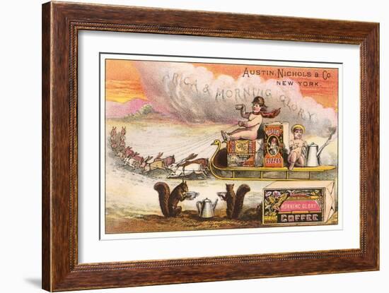 Coffee Advertisement with Squirrels and Sled-null-Framed Art Print