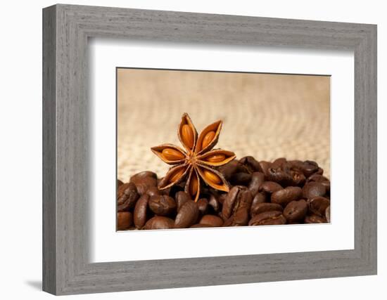 Coffee And Star Anise On Sackcloth Background With Copyspace-wasja-Framed Photographic Print