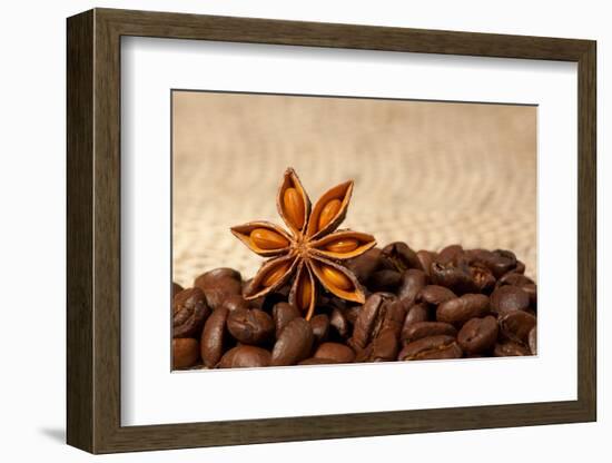 Coffee And Star Anise On Sackcloth Background With Copyspace-wasja-Framed Photographic Print