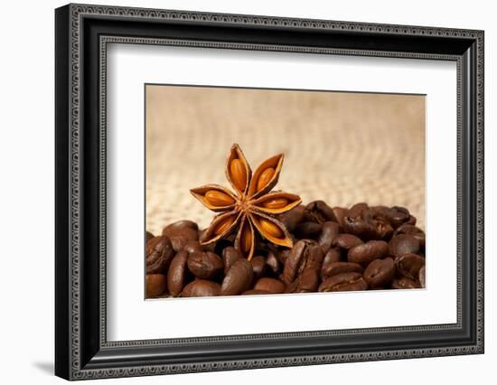 Coffee And Star Anise On Sackcloth Background With Copyspace-wasja-Framed Photographic Print