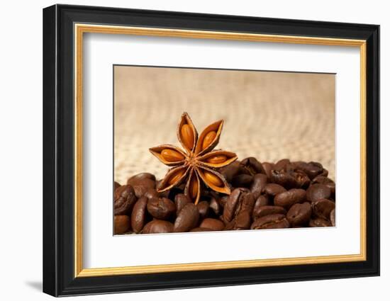 Coffee And Star Anise On Sackcloth Background With Copyspace-wasja-Framed Photographic Print