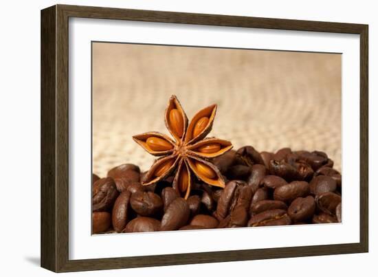 Coffee And Star Anise On Sackcloth Background With Copyspace-wasja-Framed Photographic Print