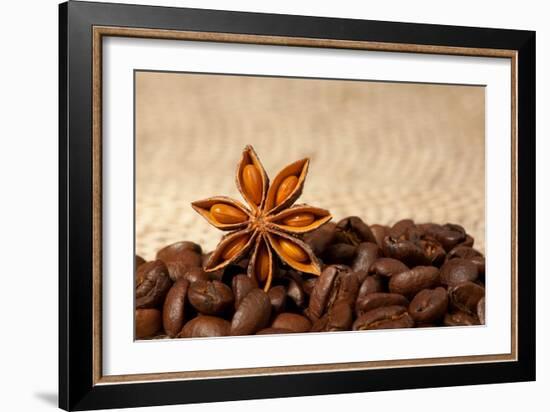 Coffee And Star Anise On Sackcloth Background With Copyspace-wasja-Framed Photographic Print