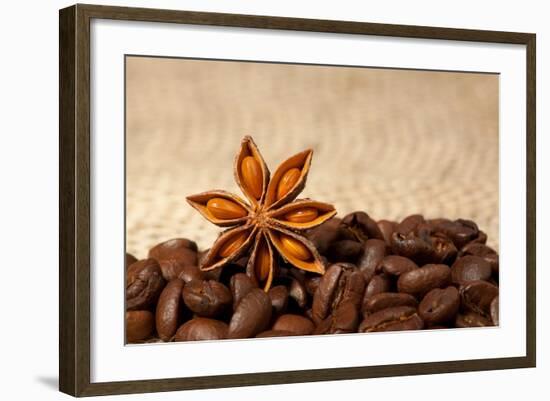 Coffee And Star Anise On Sackcloth Background With Copyspace-wasja-Framed Photographic Print