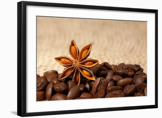 Coffee And Star Anise On Sackcloth Background With Copyspace-wasja-Framed Photographic Print